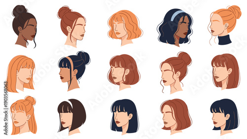 Set of diverse female profile portraits featuring various hair colors, styles, and ethnic backgrounds on a white background.