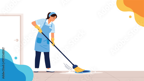 Professional female cleaner in a blue uniform and apron sweeping a wet floor with a broom in a clean interior space.