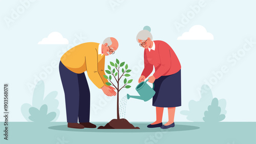 Senior man and woman working together to plant and water a young sapling tree in a peaceful outdoor garden setting.