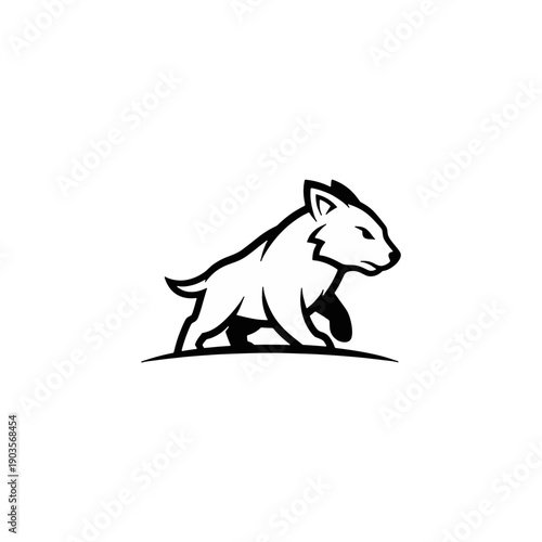 A minimalist black and white illustration of a cat walking on a flat surface viewed from the side with a simple design and clean lines
