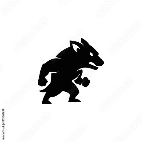 Black silhouette illustration of a werewolf exercising with dumbbells in a dynamic pose on a clean background from a side viewpoint