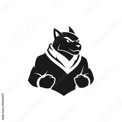 Vector illustration of a strong wolf wearing a martial arts uniform, showcasing power and discipline in a bold black and white design s5.eps