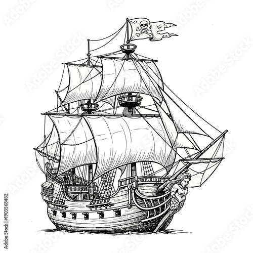 Detailed Sketch of an Old Pirate Ship with Jolly Roger Flag.