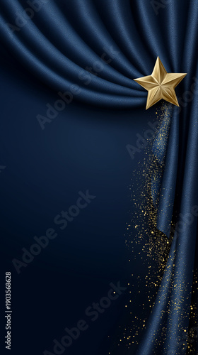 Golden Star with Falling Glitter on Elegant Blue Curtain