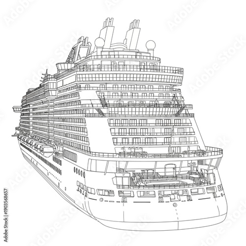 Detailed Wireframe Blueprint of a Modern Cruise Ship Design.