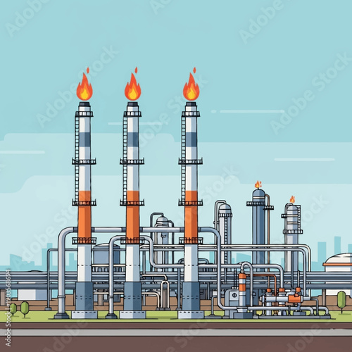 Industrial Oil Refinery with Three Tall Flare Stacks Burning.