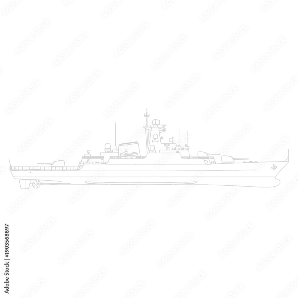 Obraz premium Outline drawing of a modern warship vessel with detailed superstructure and weaponry.