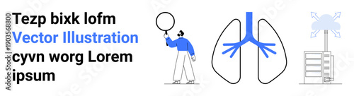 Person holding magnifying glass near lungs symbol alongside pollution and industry elements. Ideal for health, research, environment, science, air quality, awareness, simple landing page