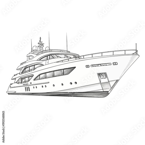 Luxury Yacht Drawing Detailed Side View.
