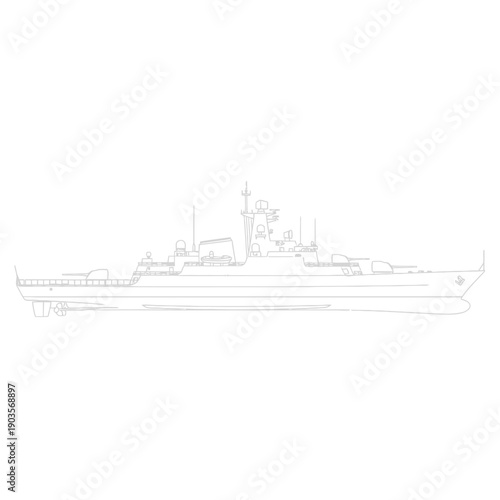 Outline drawing of a modern warship vessel with detailed superstructure and weaponry.