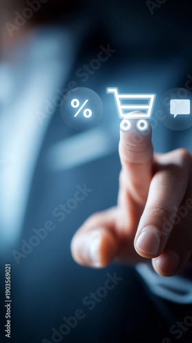 Finger Touching Digital Shopping Cart Icon for Online Shopping