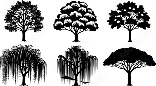 Six black tree silhouettes with varied canopy shapes and foliage patterns on white background – flavector