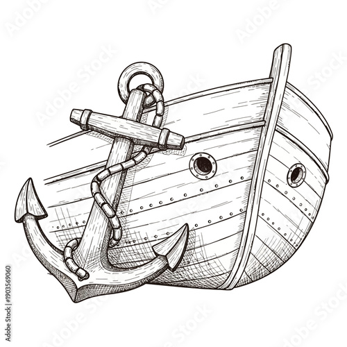 Vintage Wooden Boat with Anchor Sketch.