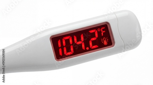 A stark white digital clinical thermometer displays a severe fever reading of 104.2 degrees Fahrenheit, indicating serious illness and urgent medical 