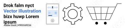 Interactive device panel, gear symbol, shopping cart emphasizing technology, settings, and online shopping. Ideal for e-commerce, innovation, customization, systems development retail simple