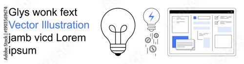 Business strategy, innovation, technology, web design, financial planning, energy concepts. Illustration features a light bulb, financial symbols and a digital interface layout. Innovation