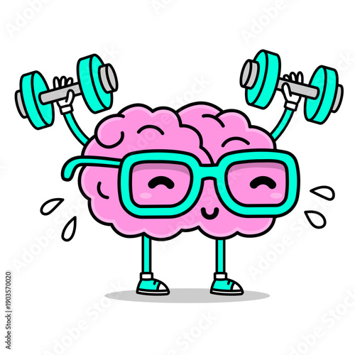 Brain wearing glasses lifting dumbbells in 30 seconds fitness challenge