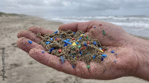 A close-up shot shows a hand holding sand heavily contaminated with brightly colored microplastic particles on an overcast, polluted coastal beach.