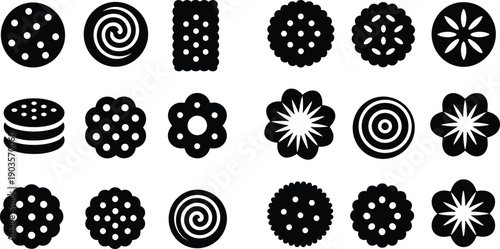 Cookie and biscuit silhouettes set, assorted sweet bakery snack icons, black isolated dessert symbols on white background illustration