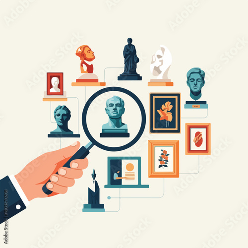 A hand holding a magnifying glass, focusing on a statue, with paintings, and more