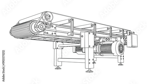 Industrial conveyor belt system with electric motor and rollers machinery vector