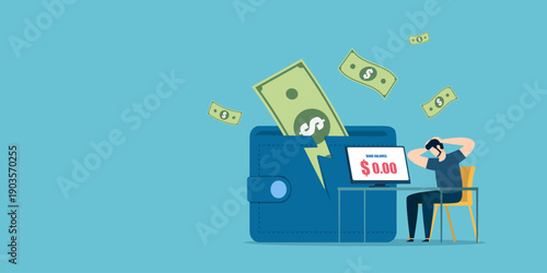 Frustrated man sitting at desk with a broken wallet and zero balance on monitor, representing cash flow crisis, bankruptcy, and financial debt in flat art.