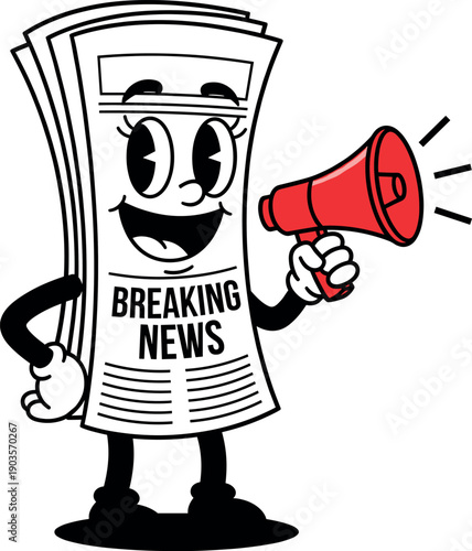 Vintage Style Cartoon Newspaper Character Holding Red Megaphone and Shouting Breaking News for Journalism Media Announcements and Creative Marketing Design