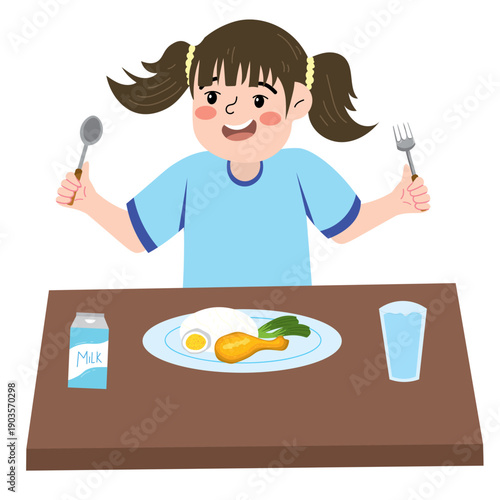 A young girl happily holding utensils at a table with a plate of food and drink 42