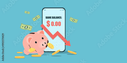 Flat art of a sad piggy bank losing coins next to a smartphone showing a zero dollar bank balance and a red downward arrow, depicting financial loss and debt.