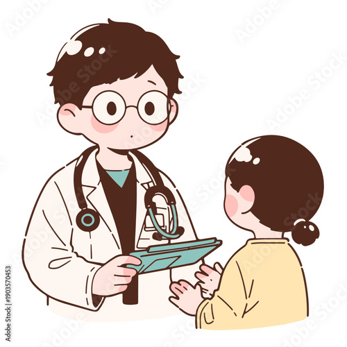 Doctor explaining medical chart to young patient in a friendly consultation, conveying empathy and care.