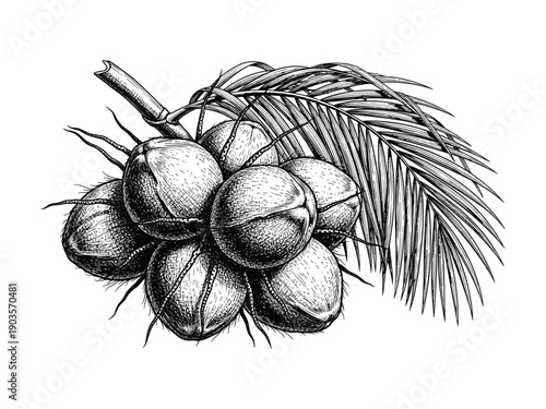 Vector drawing of coconuts and palm leaves on a branch for tropical theme