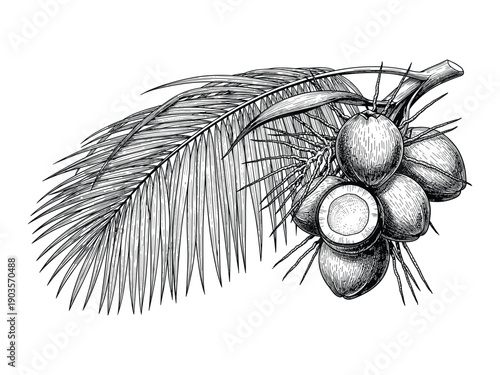 Vector illustration of coconut palm branch with coconuts and palm leaf