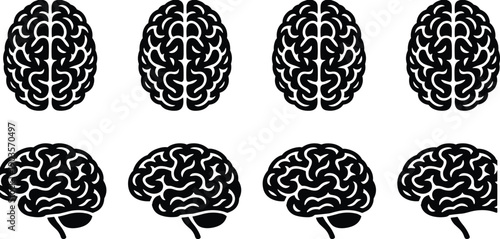 Human brain silhouettes collection, anatomy and neuroscience icons set, black isolated medical symbols on white background illustration