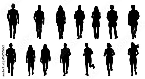 Dynamic human silhouettes diverse men and women walking, running, and standing. Perfect for graphic design, web interfaces, and digital media use