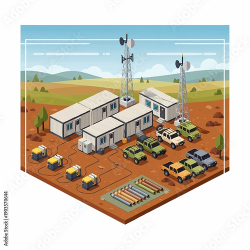 Isometric view of a remote mining camp with modular buildings and vehicles.