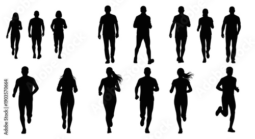 Collection of Silhouettes Depicting Men and Women in Various Running Poses, Showcasing Diverse Stances and Movements in a Clean, Isolated Black and White Aesthetic