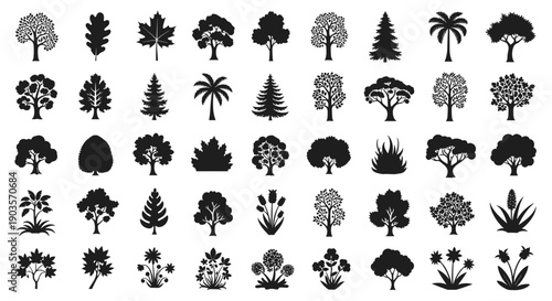 Collection of Diverse Tree and Plant Silhouettes, Featuring Various Species for Natural Design and Artistic Applications