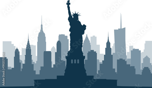 Statue of Liberty silhouette with New York City skyline background for American tourism travel destination Manhattan urban landscape and patriotic United States heritage design.