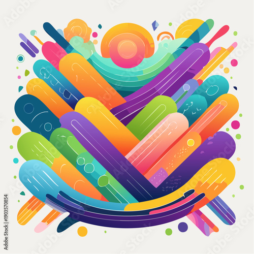 Vibrant Abstract Composition of Playful Intertwined Shapes and Dynamic Colorful Lines