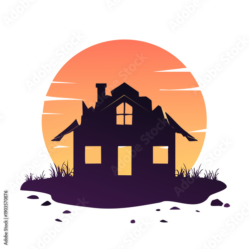 Abandoned house silhouette against a sunset, a symbol of decay and neglect