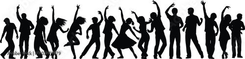 Dancing people silhouette group isolated on white background, party celebration crowd movement poses, music festival lifestyle vector illustration