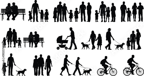 Family people silhouette collection isolated on white background, parents children daily activities walking sitting cycling dog vector illustration set