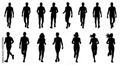 Collection of Silhouetted Figures in Various Poses, Depicting Activities Like Walking and Running, Presented Against a White Background for Versatile Use