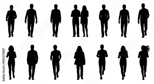 Silhouettes of diverse people walking in two rows against a white background, showcasing movement and activity