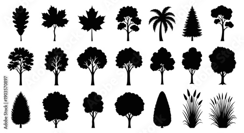 A versatile collection of diverse tree and plant silhouettes, encompassing various species ideal for landscape design, ecological illustrations, and nature-themed graphic projects