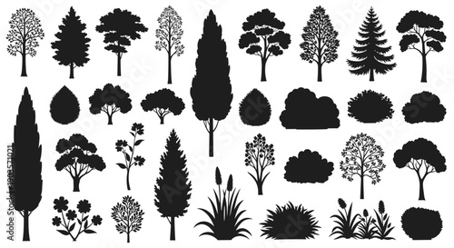 Collection of Various Tree and Bush Silhouettes for Design and Landscape Illustration, Featuring Evergreen and Deciduous Varieties, Perfect for Graphic Projects