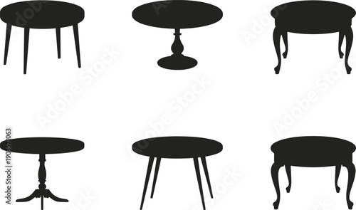 Set of round table silhouettes, classic and modern furniture designs, black isolated icons on white background collection for interior decor