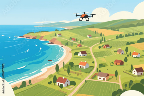 Aerial view of coastal countryside with farmland, houses, winding roads, and drone flying above, symbolizing rural life and modern technology.