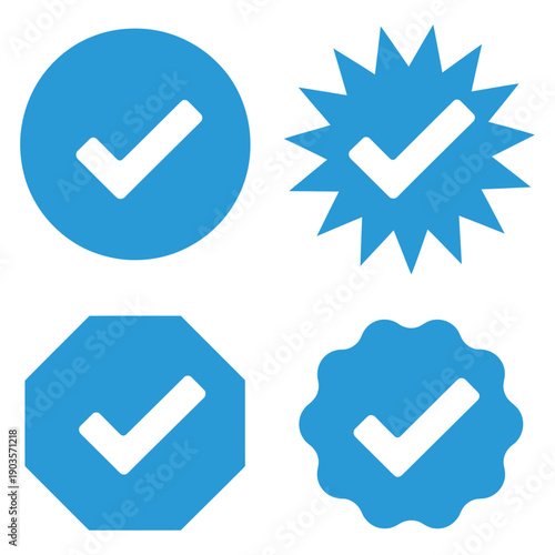 Blue and white checkmark icons in different shapes isolated on white background icon