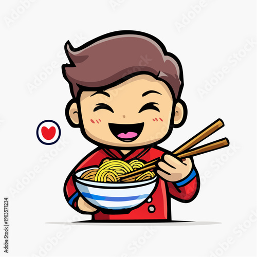 Happy boy with chopsticks eating delicious ramen noodles in a bowl, joyful character illustration